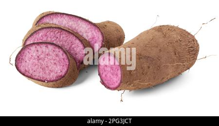 setta di yam viola isolato su sfondo bianco, dioscorea alata, aka ube, yam viola, acqua o più grande yam, tuberi viola-carnosa utilizzati in cucina Foto Stock