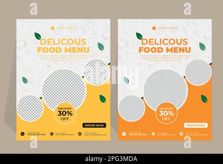 Fast Food Flyer Design Template cucina, menu bar e ristorante, ordine di cibo, cibo spazzatura. Illustrazione vettoriale per striscioni, poster, volantini, copertine, uomini Illustrazione Vettoriale