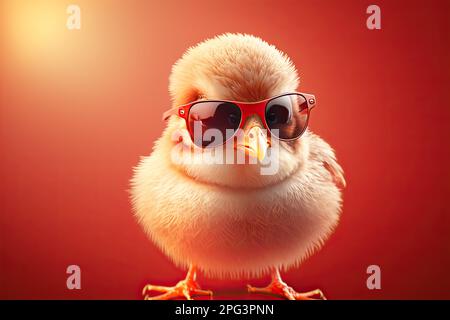 3D illustrazione di pulcino divertente carino e morbido in occhiali da sole su sfondo rosso brillante Foto Stock
