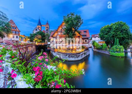 Esslingen am Neckar, Germania. Paesaggio urbano della città medievale e del fiume Neckar al crepuscolo. Foto Stock
