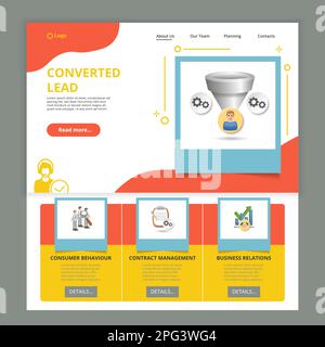 Modello sito Web della landing page lead flat convertito. Comportamento dei consumatori, gestione dei contratti, relazioni commerciali. Banner Web con intestazione, contenuto e. Illustrazione Vettoriale