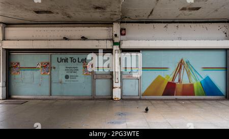 I piccioni camminano intorno alle unità di negozi vacanti del quartiere dello shopping di St Catherine's Place prima della ristrutturazione a Bedminster, Bristol. Foto Stock