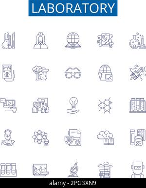 Set di simboli per icone delle linee da laboratorio. Collezione di progettazione di laboratorio, Ricerca, Test, esperimento, sperimentazione, Analisi, chimica, analisi del concetto di contorno Illustrazione Vettoriale