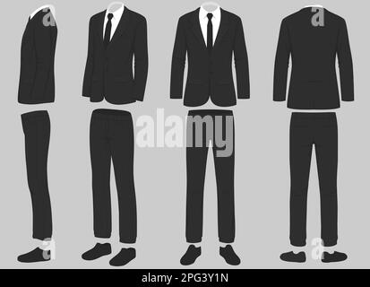 uomo di moda isolato, vista frontale, posteriore e laterale, illustrazione vettoriale, tuta uomo d'affari uniforme Illustrazione Vettoriale