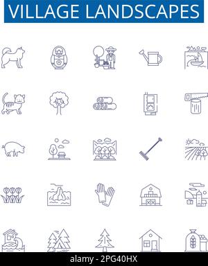 Paesaggi del villaggio linea icone segni set. Collezione di design di Village, Landscape, Vistas, Horizon, Suburbs, Campi, Case, Cottages contorno concetto Illustrazione Vettoriale