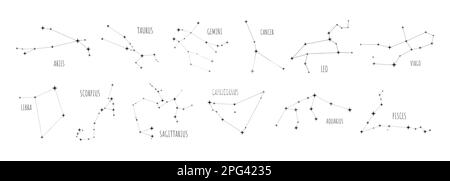 Collezione costellazioni Zodiaco, 12 segni, icona di barzellette nere su sfondo bianco Illustrazione Vettoriale