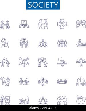Simbolo della linea sociale icone set. Collection di disegno di società, comunità, cultura, persone, esseri umani, civiltà, organizzazione, norme delineano il concetto Illustrazione Vettoriale