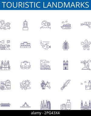 Punti di riferimento turistici linea icone segnaletica set. Collezione di design di Turismo, punti di riferimento, Monumenti, palazzi, Chiese, Castelli, rovine, statue delineano Illustrazione Vettoriale