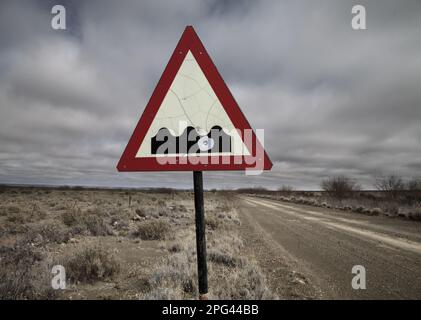 Tre buche Bullet decorano un cartello stradale che avverte gli automobilisti delle corregazioni stradali in ghiaia tra Verneuk Pan e Vanwyksvlei nel nord di Cape Karoo. Foto Stock