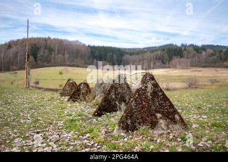 I denti della vecchia cortina di ferro del drago tipo gli ostacoli concreti che si trovano in piedi in paesaggio vicino al confine ceco-tedesco. Messa a fuoco superficiale con sfondo sfocato. Foto Stock