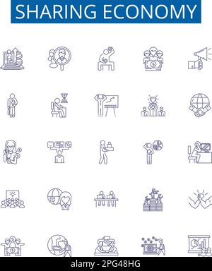 Set di simboli delle icone della linea economy di condivisione. Progettare la raccolta di collaborative, baratto, Exchange, piattaforme, networking, Connessione, condivisione Illustrazione Vettoriale