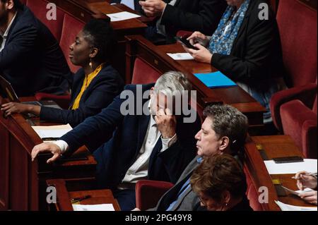 Louis Witter / le Pictorium - mozione di censura in Assemblea contro il disegno di legge sulle pensioni - 20/03/2023 - Francia / Ile-de-France (regione) / Parigi - esame delle mozioni di censura del gruppo LIOT e del Rassemblement National presentate dopo il passaggio della riforma delle pensioni utilizzando articolo 49 paragrafo 3 della costituzione. Assemblea Nazionale, Parigi, Francia, 20 marzo 2023. Alexis Corbiere (LFI). Foto Stock