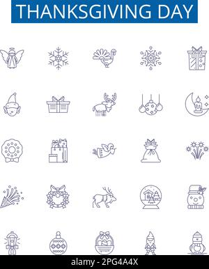 Set di simboli delle icone della linea del giorno del Ringraziamento. Collezione di design di Thanksgiving, Day, Turchia, Festa, gratitudine, Pellegrini, indiani, Cornucopia delineare concetto Illustrazione Vettoriale