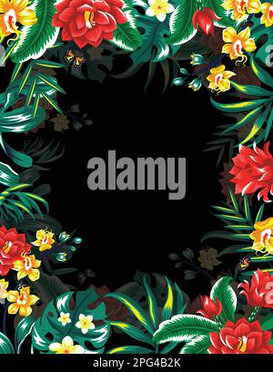 Banner con foglie tropicali e fiori. Isolato su bianco. Illustrazione Vettoriale