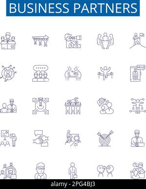Set di simboli delle icone delle linee dei partner commerciali. Raccolta di progetti di partner, aziende, collaboratori, associati, investimenti, Azionisti, stakeholder Illustrazione Vettoriale