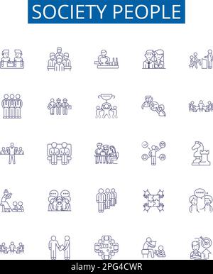 Società persone linea icone segni set. Collection di disegno di società, persone, cultura, comunità, umanità, umano, cittadino, vettore di concetto di contorno di classe Illustrazione Vettoriale