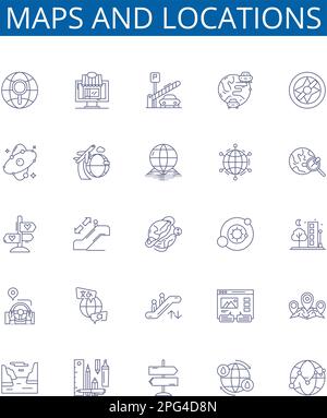 Cartine e posizioni icone linea cartelli set. Progettare la raccolta di mappe, posizioni, geografia, mappatura, coordinate, Punti di riferimento, Wayfinding, Charting Illustrazione Vettoriale