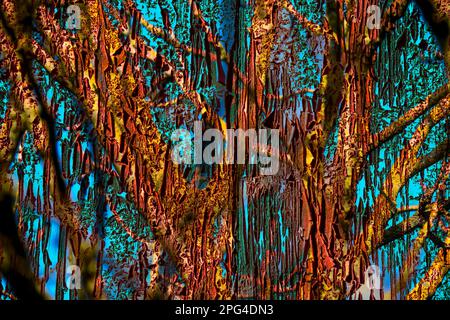 doppia esposizione, alberi e una porta rossa di siero di latte Foto Stock