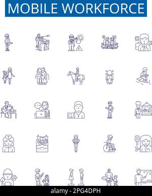 Set di simboli delle icone della linea della forza lavoro mobile. Progettare la raccolta di dispositivi mobili, forza lavoro, telelavoro, remoto, tecnologia, Digitale, virtuale, concetto di job outline Illustrazione Vettoriale