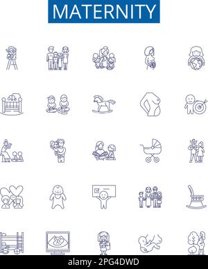 Linea maternità icone segni set. Progettare la collezione di gravidanza, parto, parto, maternità, infermieristica, contorno di gestazione, neonati, neonati Illustrazione Vettoriale