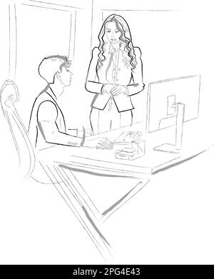 Uomo e donna che lavorano insieme su un progetto. Stage, mentore o colleghi linea d'arte Vector Illustrazione Vettoriale