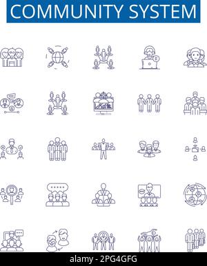 Set di simboli delle icone della linea del sistema comunitario. Progettare la raccolta di social, reti, relazioni, piattaforme, connessioni, Interazione, supporto, partecipazione Illustrazione Vettoriale