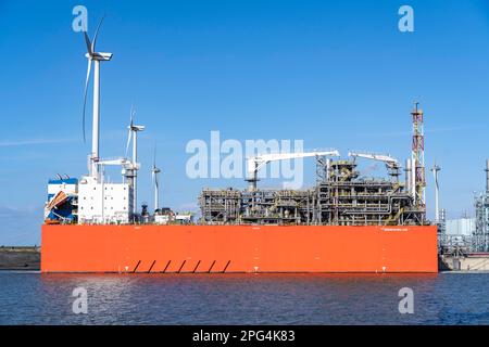 EemsEnergyTerminal, terminale galleggiante di GNL nel porto marittimo di Eemshaven, le petroliere portano gas naturale liquefatto alle due navi di produzione, il GNL di Eemshaven Foto Stock