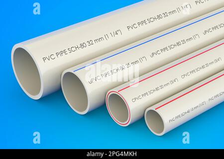 Tubi in PVC, tubo composito, tubo in uPVC, tubo in CPVC, 3D rendering isolato su sfondo blu Foto Stock