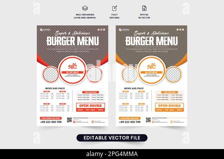 Volantino pubblicitario per fast food e caffè vettore modello cartoleria con segnaposto per foto. Menu ristorante modello di sconto con a giallo Illustrazione Vettoriale