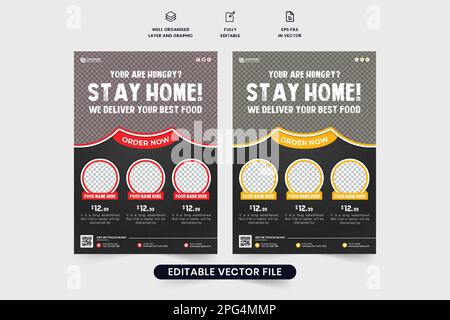Modello creativo di volantino ristorante vettore con colori rosso e giallo. Promozione cibo ristorante design modello menu su sfondi scuri. Menù po Illustrazione Vettoriale