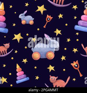 Acquerello modello senza cuciture di giocattoli di legno per bambini isolati su sfondo scuro. Illustrazione dipinta a mano per stampe per bambini, poster, carta da parati, involucri Foto Stock