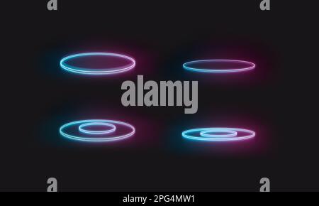 Cornice circolare luminosa al neon colorata sul pavimento, viste diverse Foto Stock