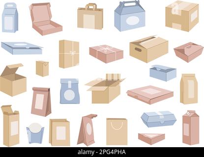 Scatole di cibo. Contenitori di cartone per bevande sushi riso fast food confezioni recenti modelli vettoriali Illustrazione Vettoriale