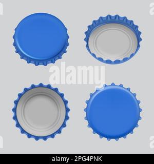Berretti per birra. Modelli realistici di diverse viste di bevande analcoliche o alcoliche tappi bottiglie decente collezione vettoriale Illustrazione Vettoriale