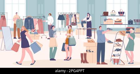 Persone sul mercato delle pulci o negozio di seconda mano. Donna uomo di moda in boutique, bazar abiti di design. Vendita garage, vendita al dettaglio vintage e vettore kicky Illustrazione Vettoriale