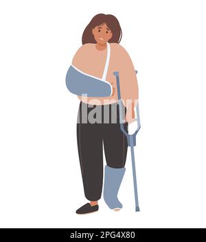 Donna con stampelle e piede e mano intonacati, gamba rotta, braccio in fusione. Concetto di lesione a bandaggio Illustrazione Vettoriale