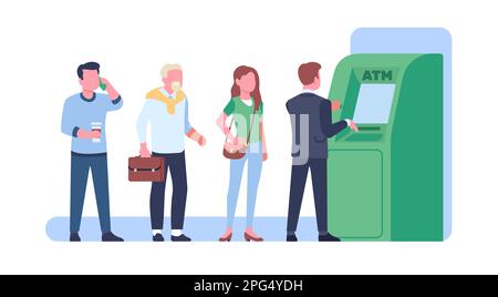 Persone in attesa in coda al bancomat. Coda di uomini e donne al terminale di pagamento. Bonifico bancario. Macchina automatica. Prelievo di denaro Illustrazione Vettoriale