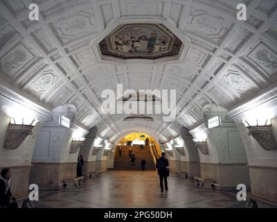 metro, stazione Belorusskaya, linea Koltsevaya, Mosca, Russia Foto Stock