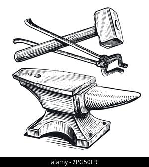 Martello, pinze e incudine trafilati a mano. Lavoro fabbro, concetto di ferro. Illustrazione vettoriale di schizzo vintage con fabbro Illustrazione Vettoriale