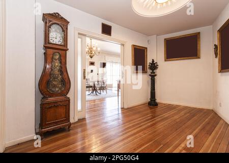 sala di una casa con bellissimi pavimenti in legno a lunga tavola, un orologio del nonno con un pendolo all'interno del mobile in legno Foto Stock