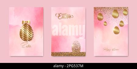 Set carta Happy Easter gold texture, sfondo di lusso rosa acquerello. Collezione di modelli di inviti per le vacanze di Pasqua con scritte disegnate a mano Illustrazione Vettoriale
