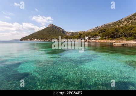Spiaggia meravigliosa con acque cristalline a Palma di Maiorca nelle Isole Baleari, Spagna. Vacanze estive sul Mar Mediterraneo, miglior viaggio de Foto Stock