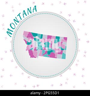 Progettazione di mappe del Montana. Mappa dello stato degli Stati Uniti con regioni nella tavolozza dei colori smeraldo-ametista. Illustrazione Vettoriale