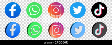 Set di logo per i social media 3D. Facebook, whatsapp, instagram, twitter e tik tok. Illustrazione editoriale vettoriale isolata su sfondo trasparente Illustrazione Vettoriale