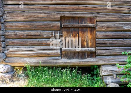 Tradizionale muro in legno con piccola finestra con persiane e erba in primo piano, Oslo, Norvegia. Foto Stock