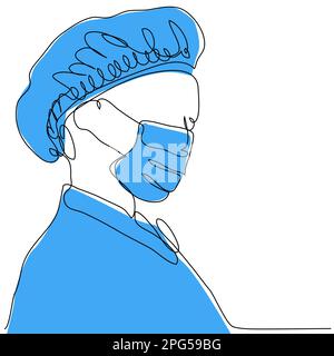 Medico in una maschera protettiva e un cappuccio blu in una linea. Illustrazione Vettoriale