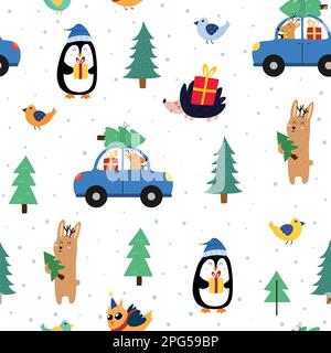 Cute animali che si preparano per il modello senza giunture di Natale Illustrazione Vettoriale
