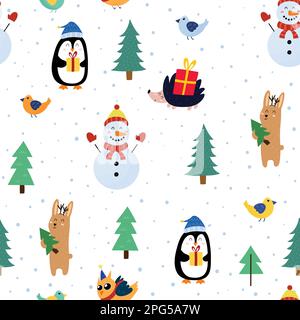 Cute animali che si preparano per il modello senza giunture di Natale. Inverno sfondo foresta Illustrazione Vettoriale