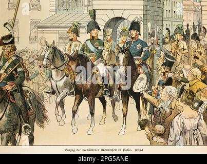 I monarchi alleati che entrarono a Parigi nel 1815, Napoleone bandì a San Helena, storia dell'Hohenzollern, Prussia, illustrazione storica 1899 Foto Stock