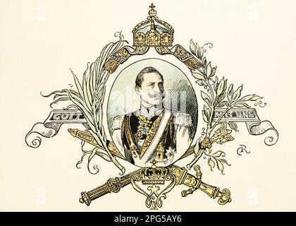 L'imperatore tedesco Wilhelm II, Guglielmo II e il suo motto Gott mit Uns o Dio con noi storia dell'Hohenzollern, Prussia, illustrazione storica 1899 Foto Stock